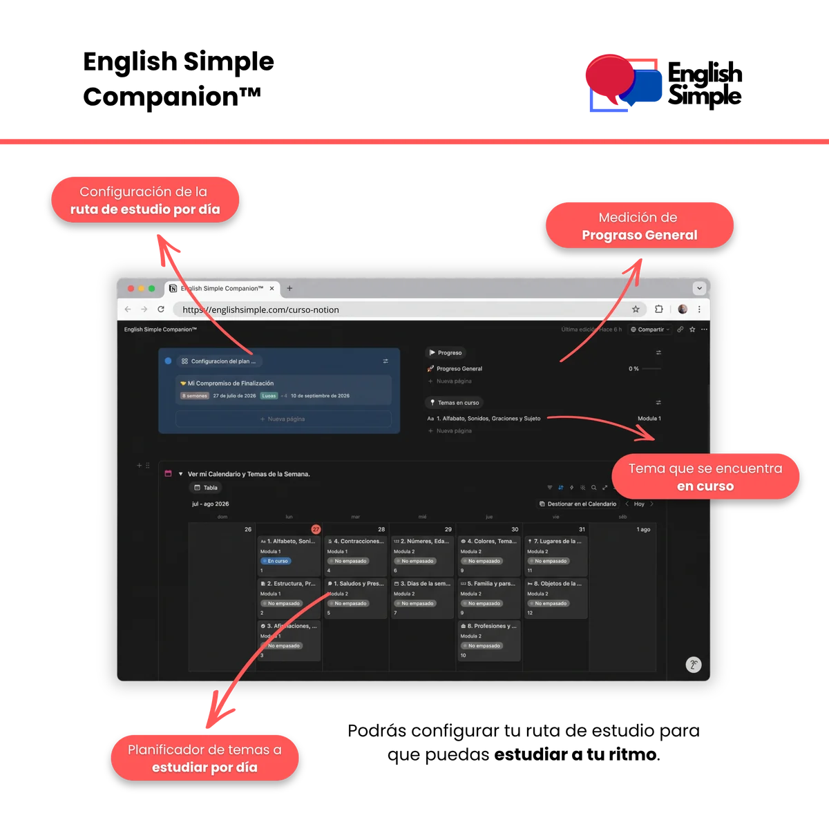 Planificador de estudio en Notion con calendario semanal y medición de progreso